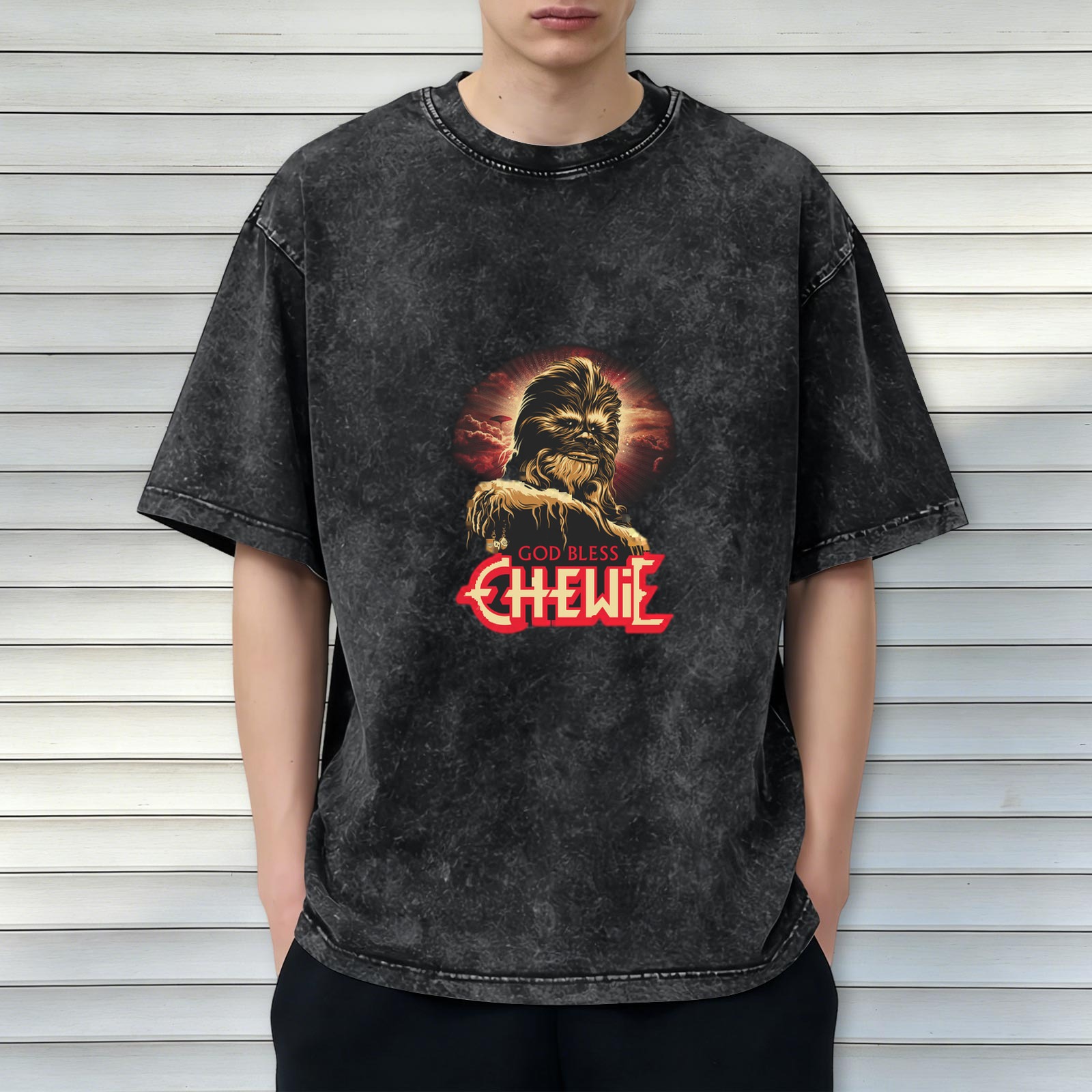 Washed Black Star Wars Chewbacca Graphic T-Shirt God Bless Chewie