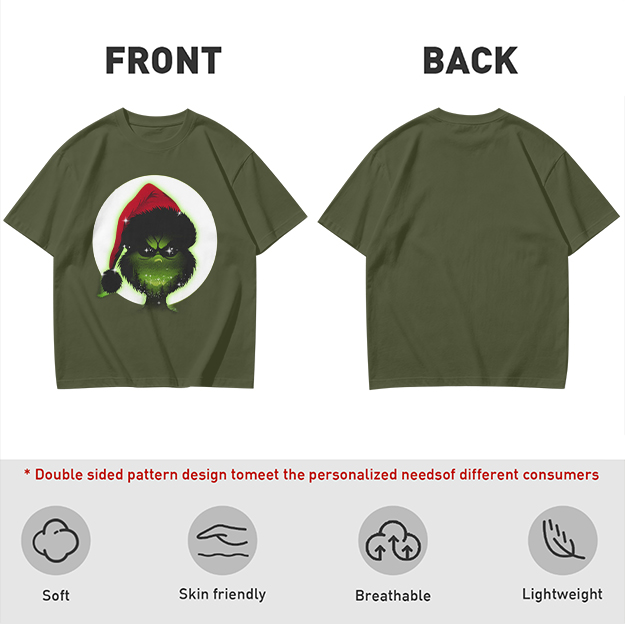 Olive Green T-Shirt With Grinch Wearing Santa Hat Graphic