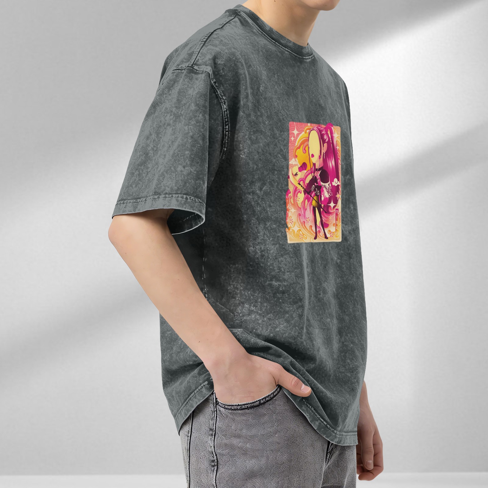 Oversized Acid Wash T-Shirt With Anime Style Graphic Print