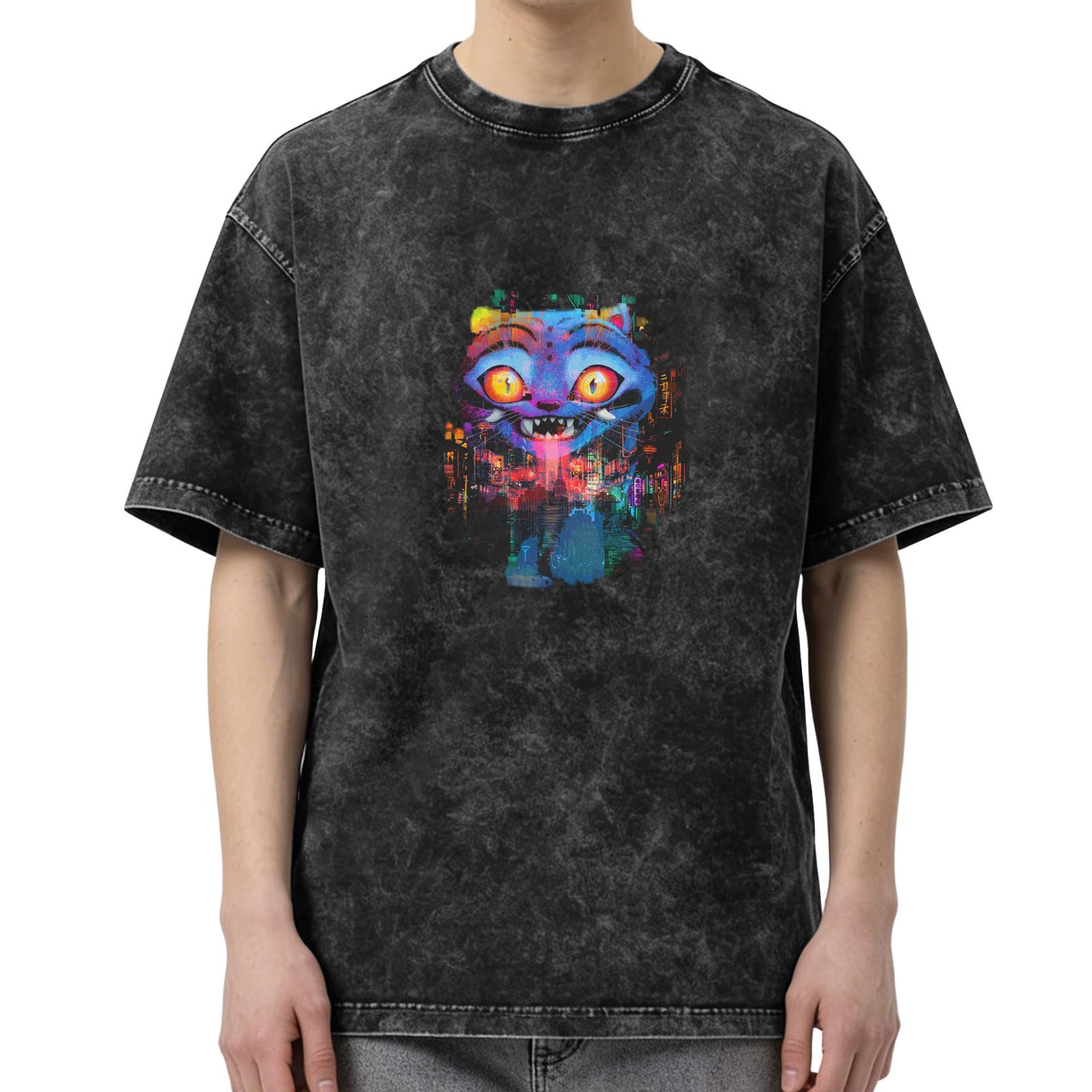 Oversized Acid Wash T-Shirt With Colorful Cheshire Cat Graphic