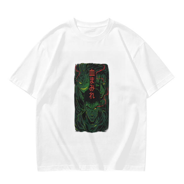Olive anime graphic t-shirt with three dark fantasy characters