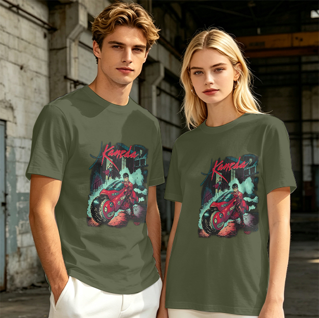 Olive T-Shirt with Kaneda Anime Motorcycle Graphic Print