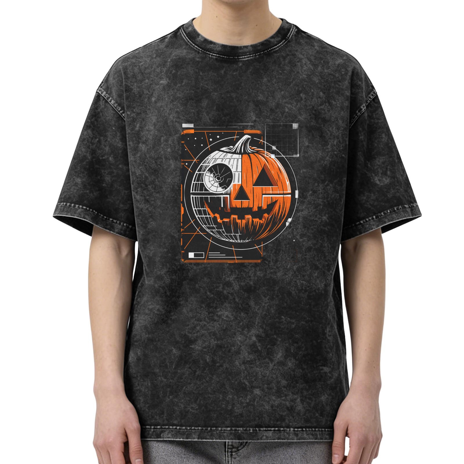 Washed Black T-Shirt with Sci-Fi Halloween Pumpkin Graphic
