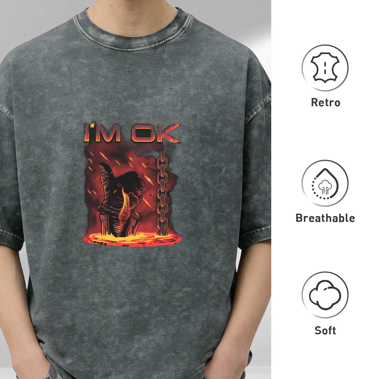 Washed Black Graphic T-Shirt with I'm OK Lava Hand Design