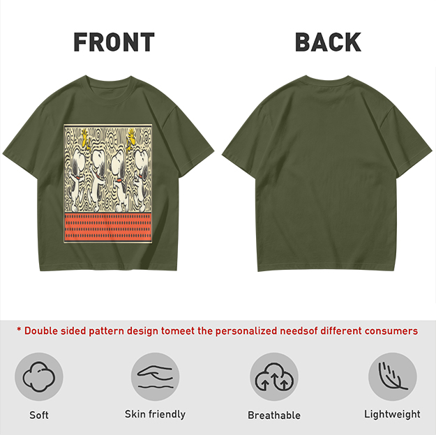 Olive T-shirt with dancing Snoopy and Woodstock graphic print