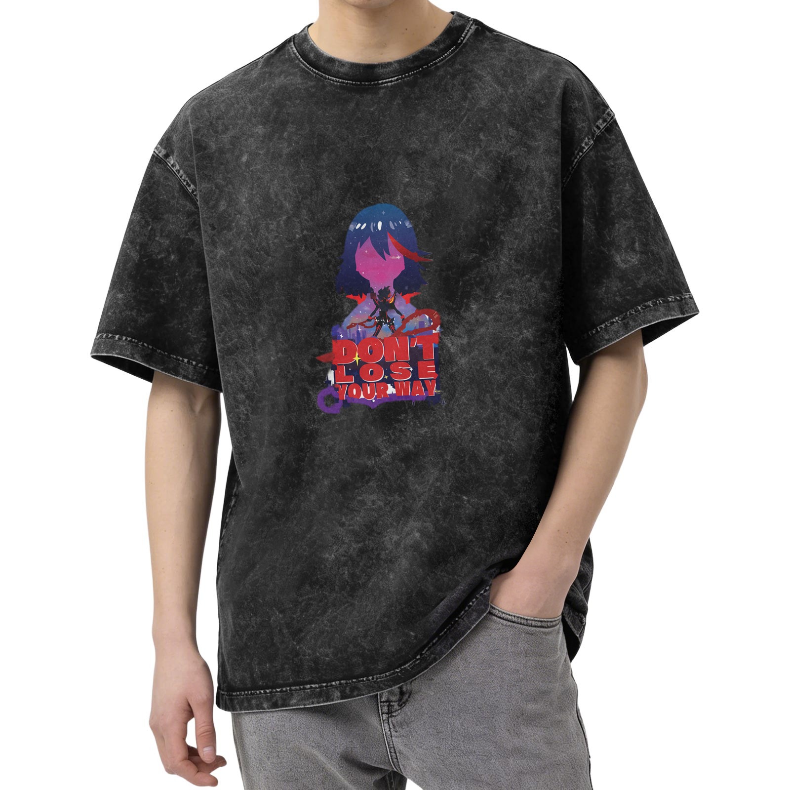Washed black anime graphic t-shirt with don't lose your way text