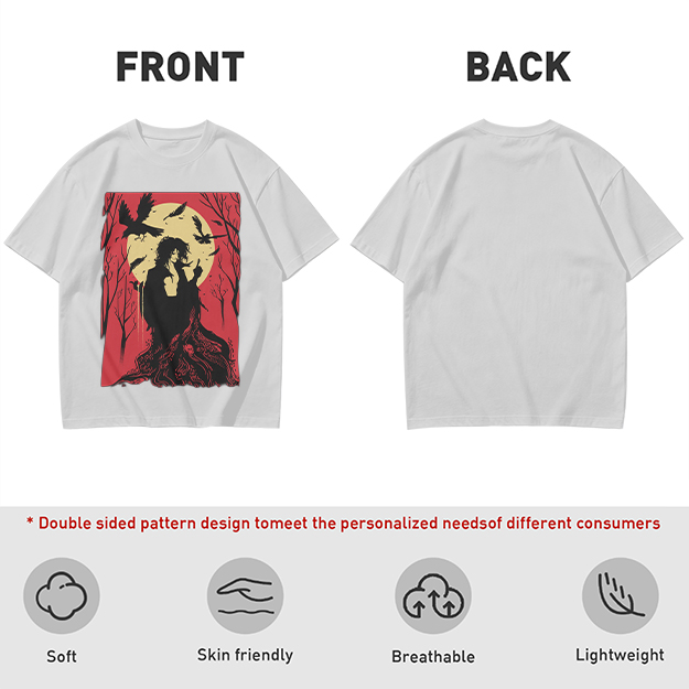 Olive T-Shirt With Gothic Crow And Moon Graphic Print