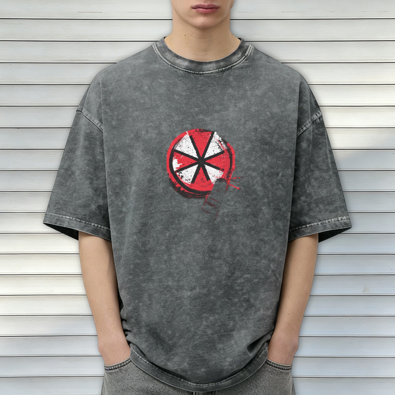 Oversized Acid Wash Black T-Shirt with Red White Circular Graphic