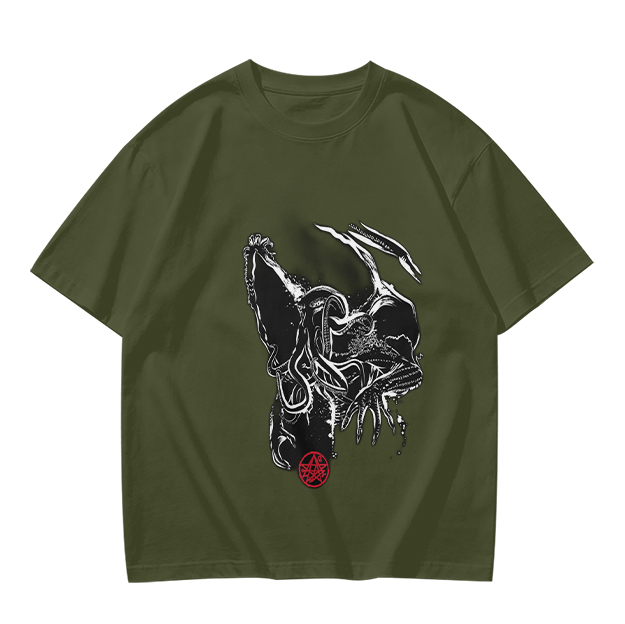 Olive T-Shirt With Dark Abstract Tentacle Creature Print