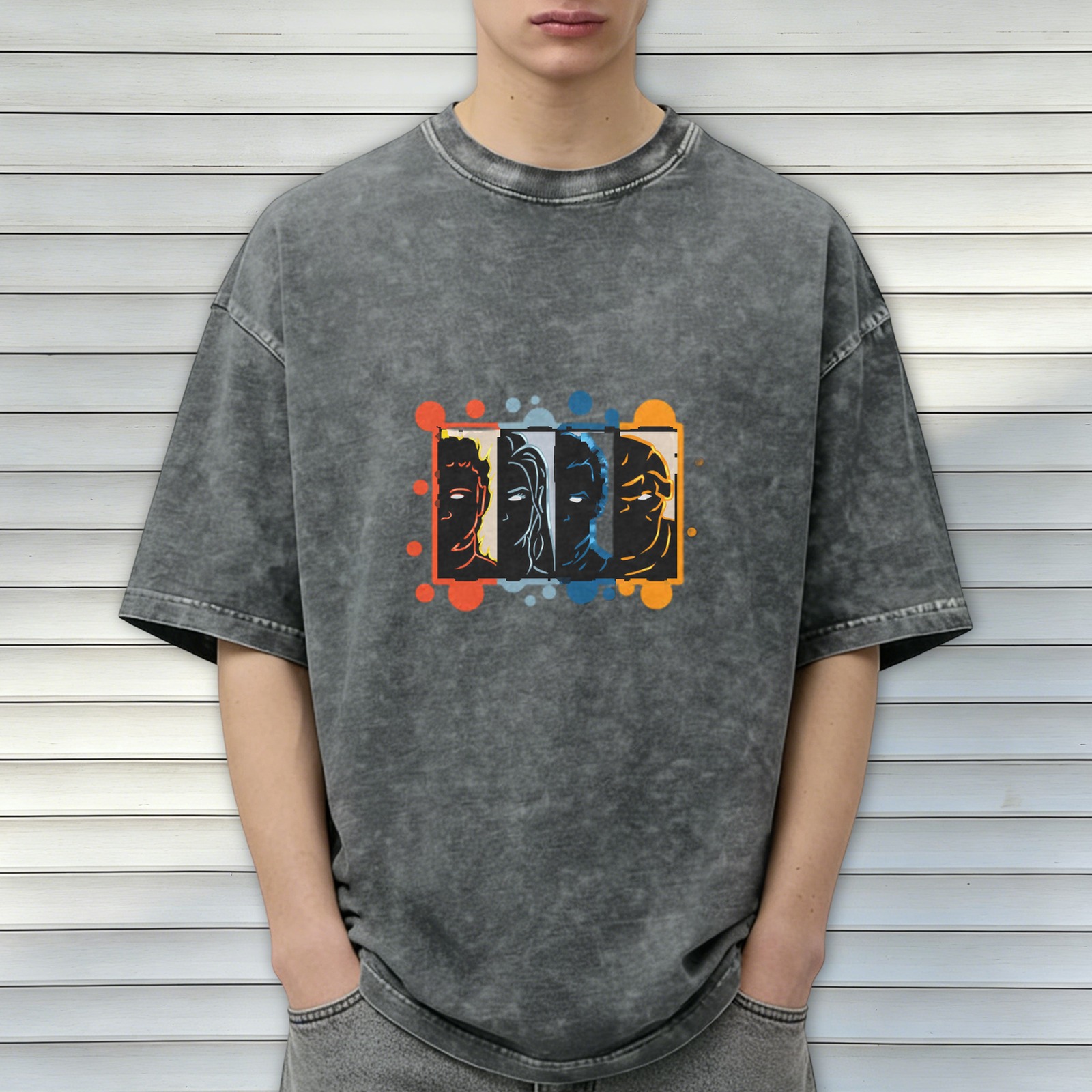 Oversized dark washed t-shirt with four stylized character faces graphic