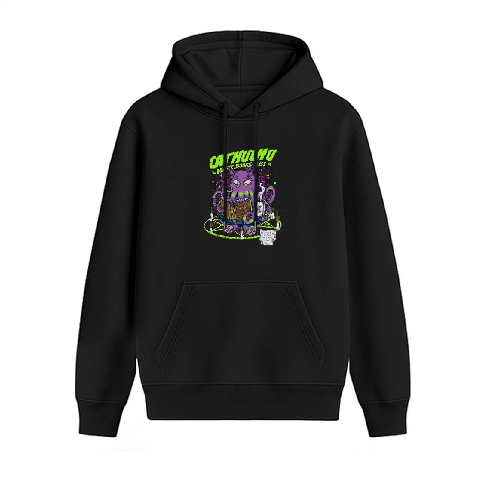 Black hoodie with Cathulhu cat reading book graphic print