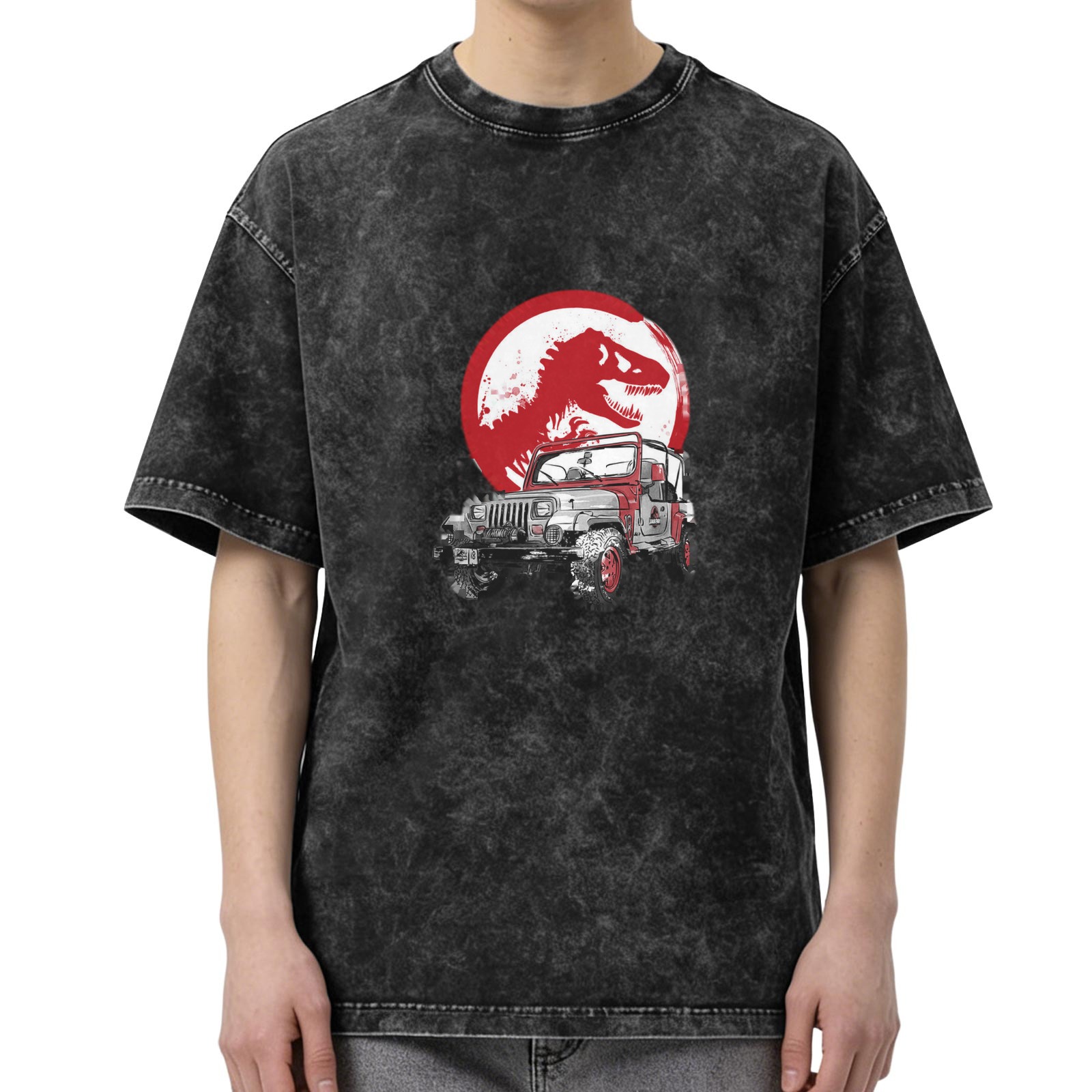 Washed Black T-Shirt with Dinosaur and Off-Road Jeep Graphic