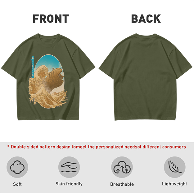 Olive T-Shirt with Great Wave Sandworm Surfer Japanese Art Print