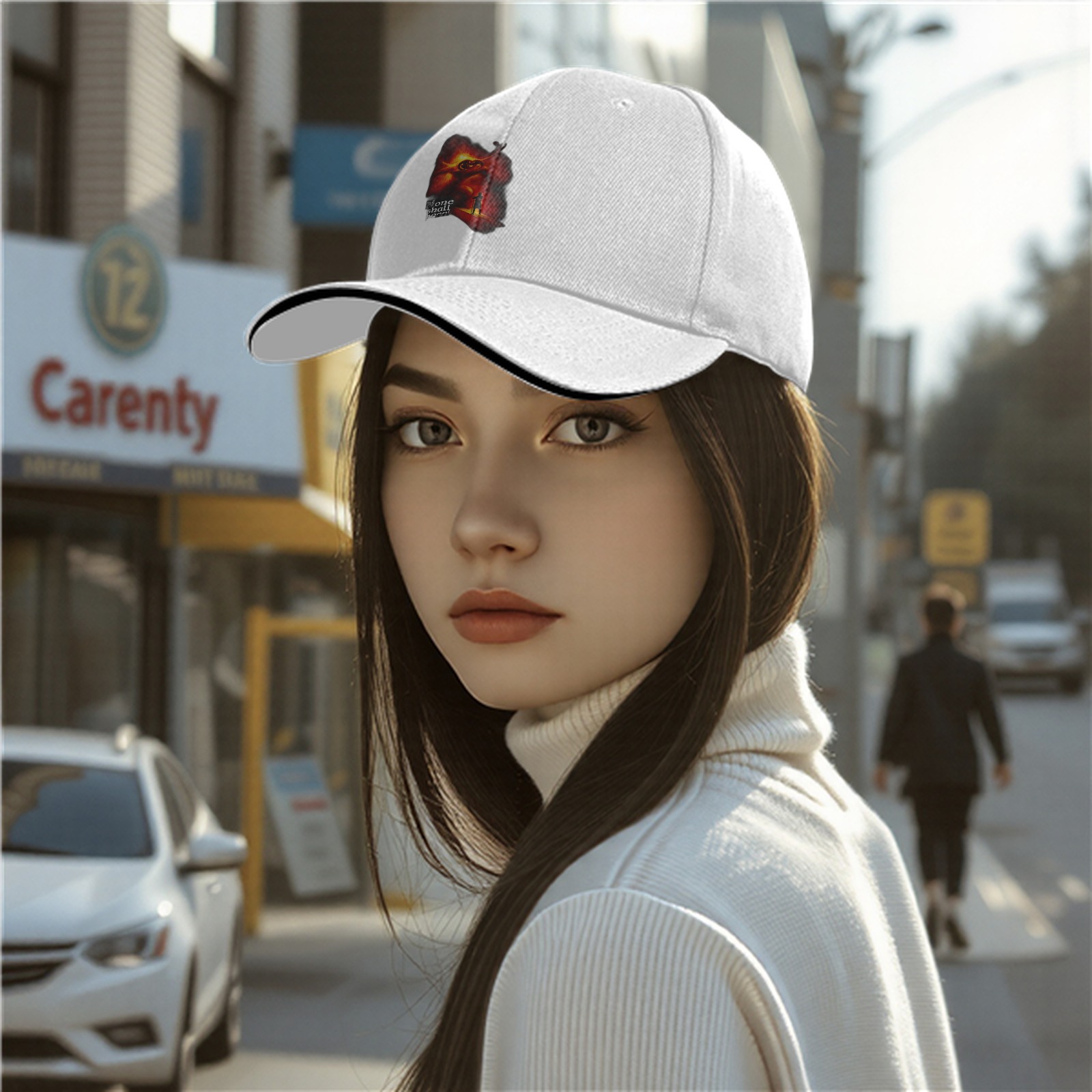 Black baseball cap with fiery fantasy graphic print