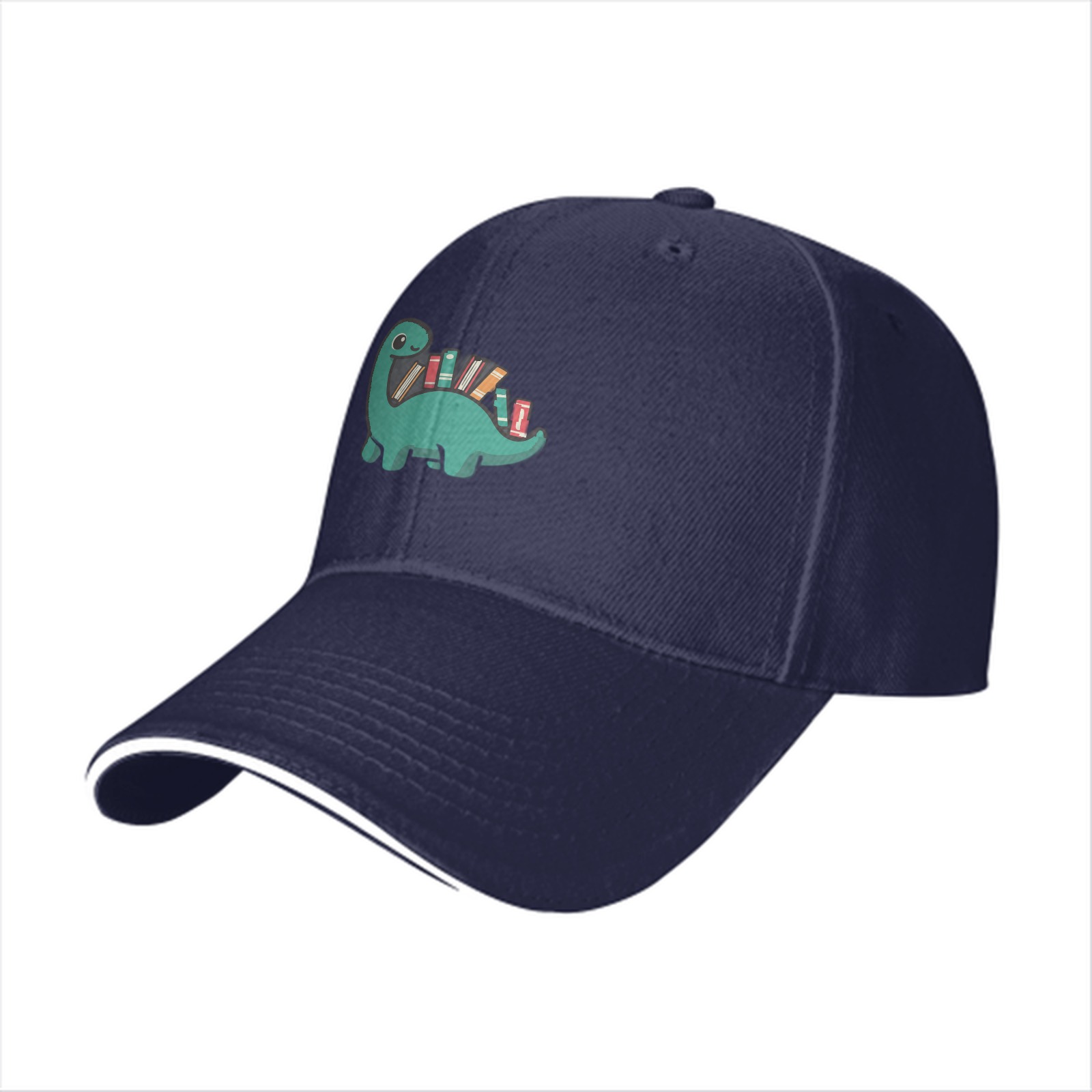 Black baseball cap with cute dinosaur carrying books graphic