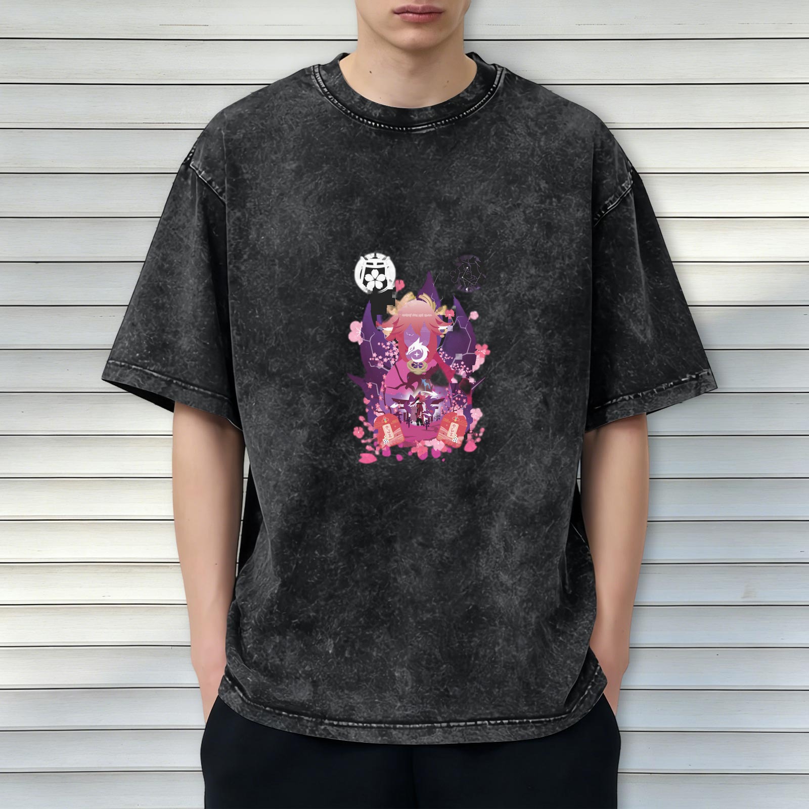 Washed Black Anime Graphic T-Shirt with Cherry Blossom Design
