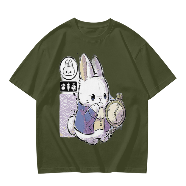 Olive T-Shirt With White Rabbit Holding Pocket Watch Print