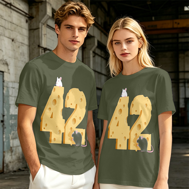 Olive T-Shirt With Cheese Number 42 And Mice Graphic