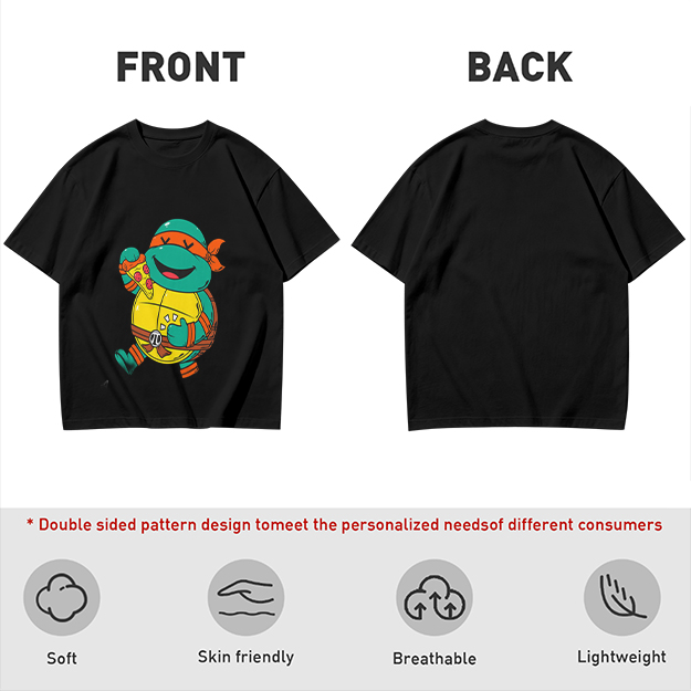 Olive T-shirt with cartoon ninja turtle holding pizza graphic