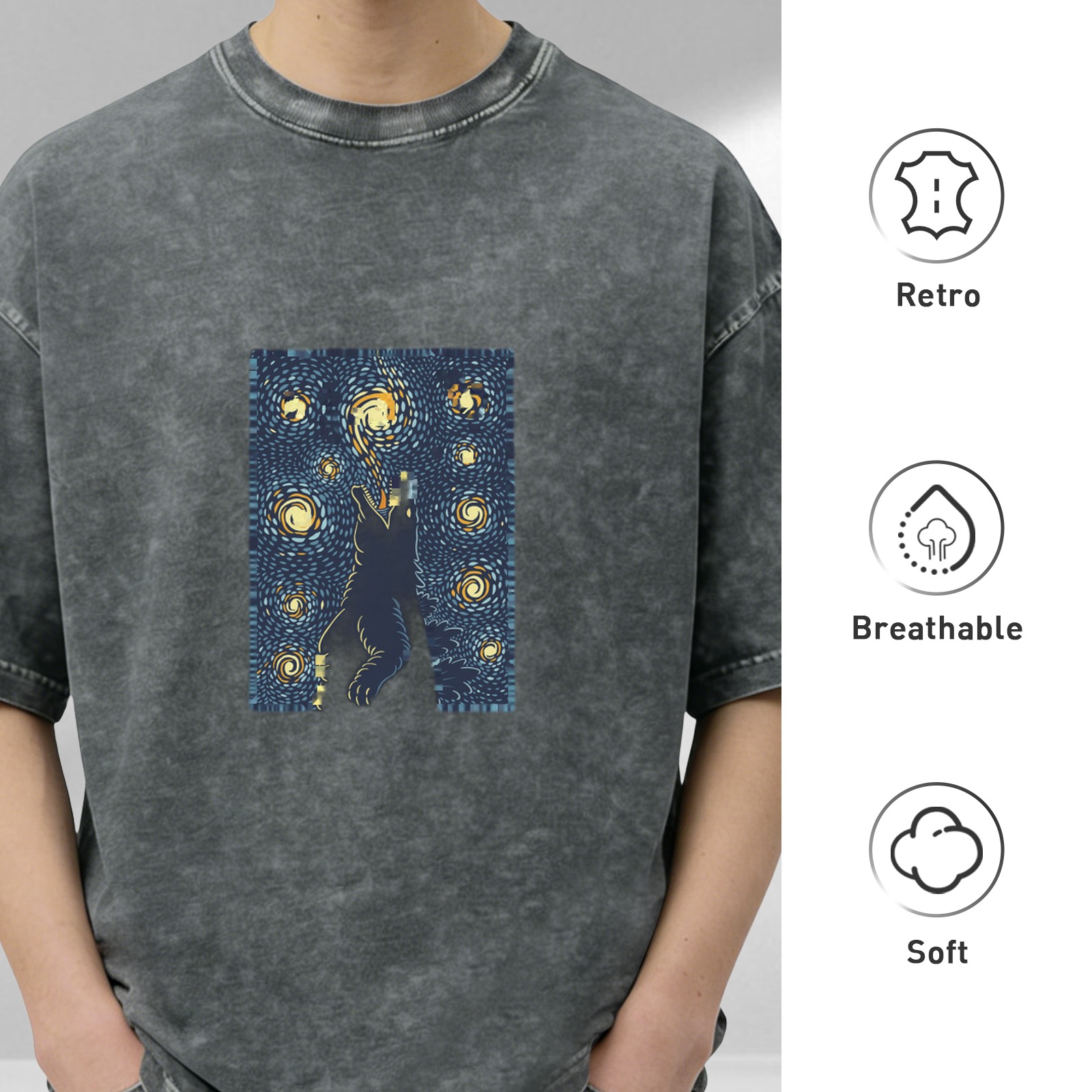 Oversized Dark Wash T-Shirt With Starry Night Wolf Howl Print