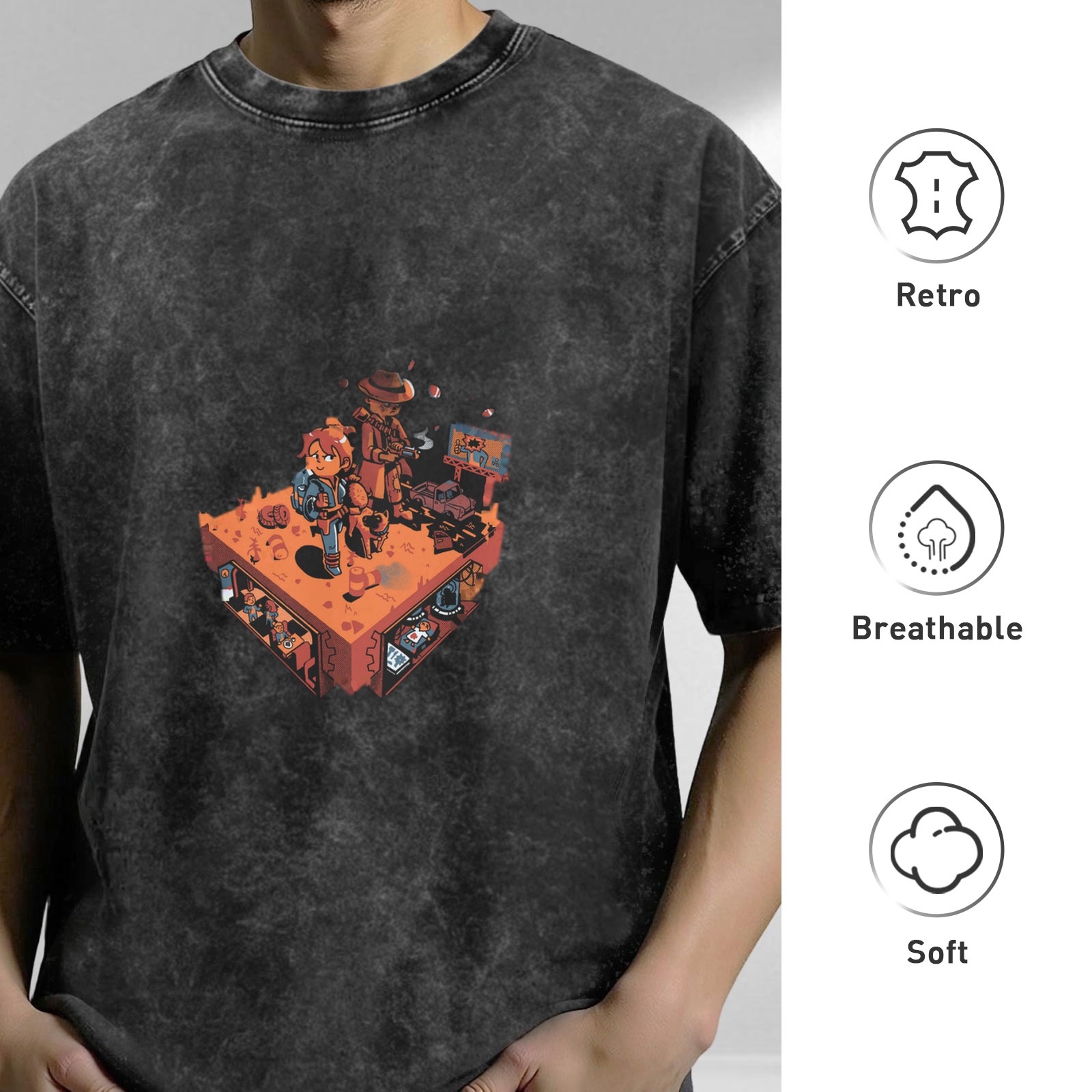 Washed black graphic t-shirt with isometric adventure character print