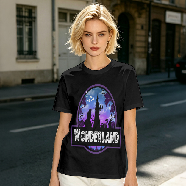 Olive green t-shirt with Wonderland fantasy castle graphic print