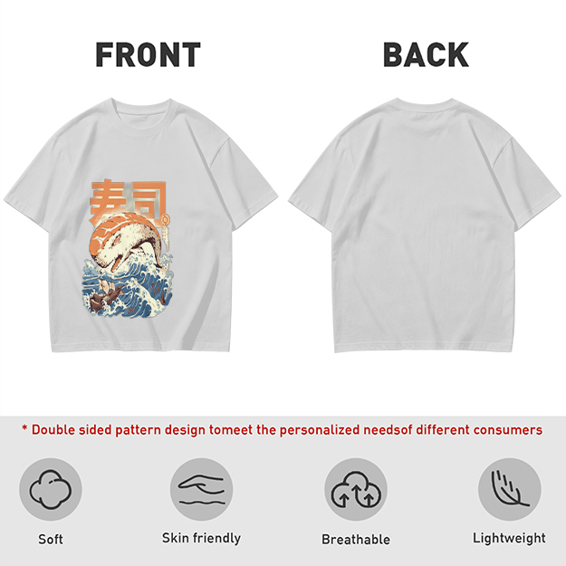 Olive t-shirt with sushi monster and great wave graphic