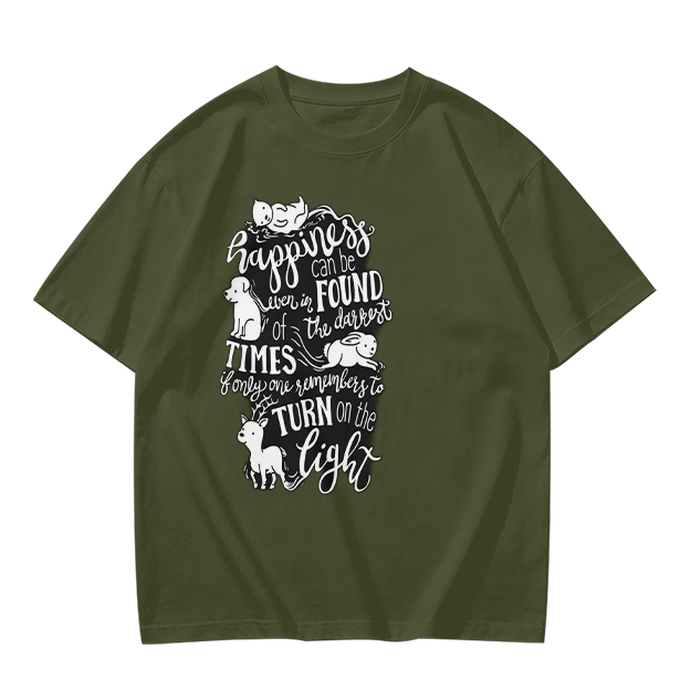 Olive t-shirt with happiness quote and animal illustrations