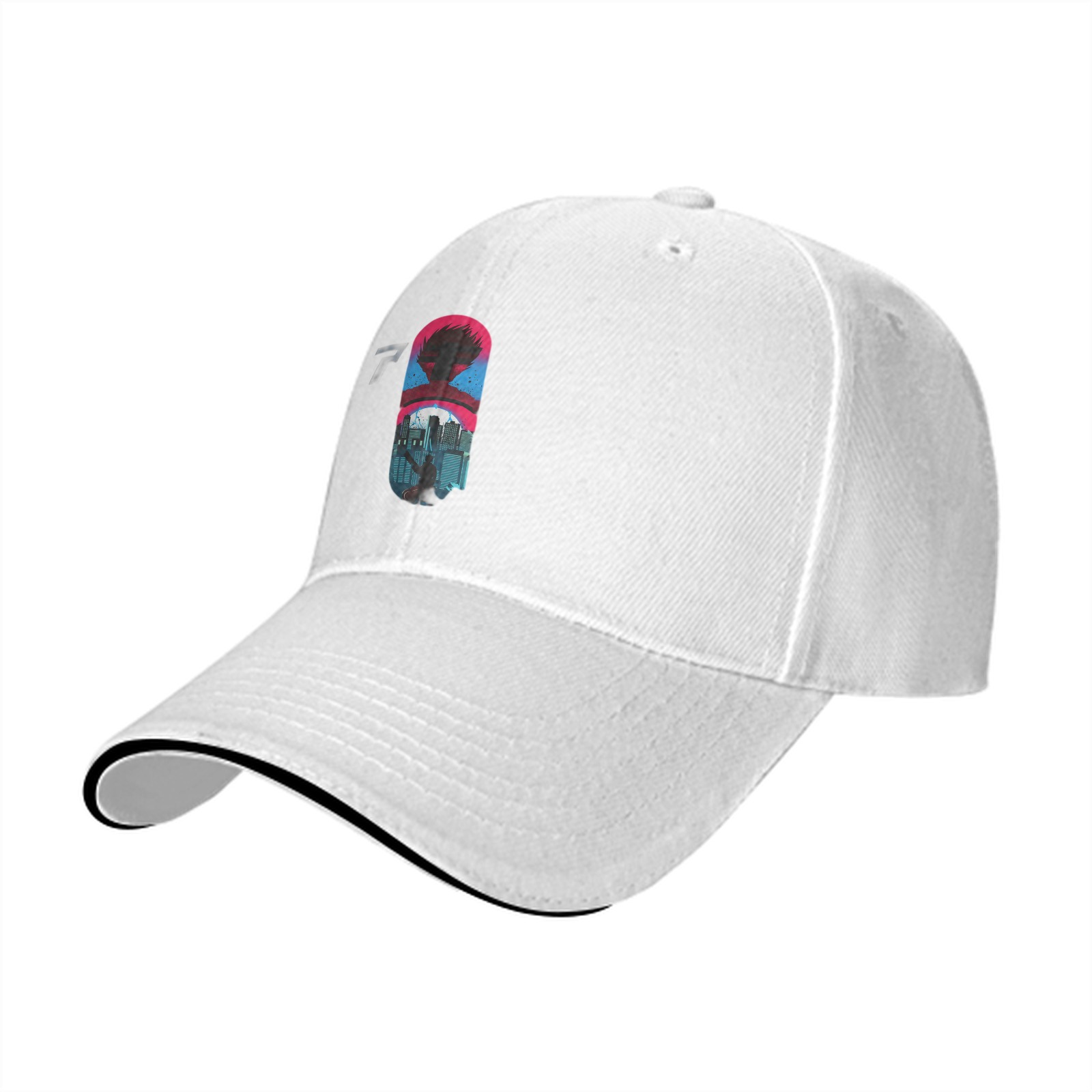 Black Baseball Cap With Cyberpunk City Silhouette Graphic