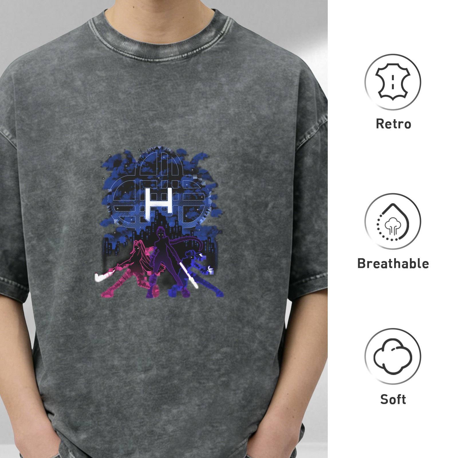 Washed black graphic t-shirt with anime hero silhouettes and cityscape design