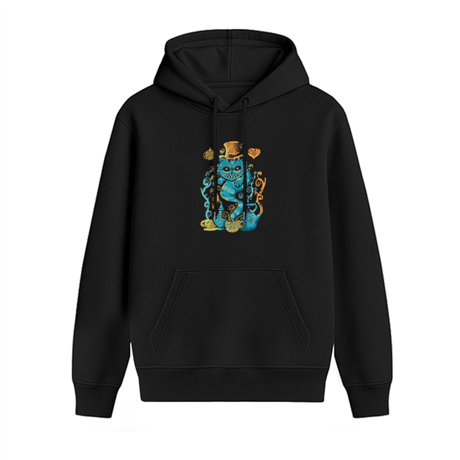 Black Hoodie With Cheshire Cat Wonderland Tea Party Art