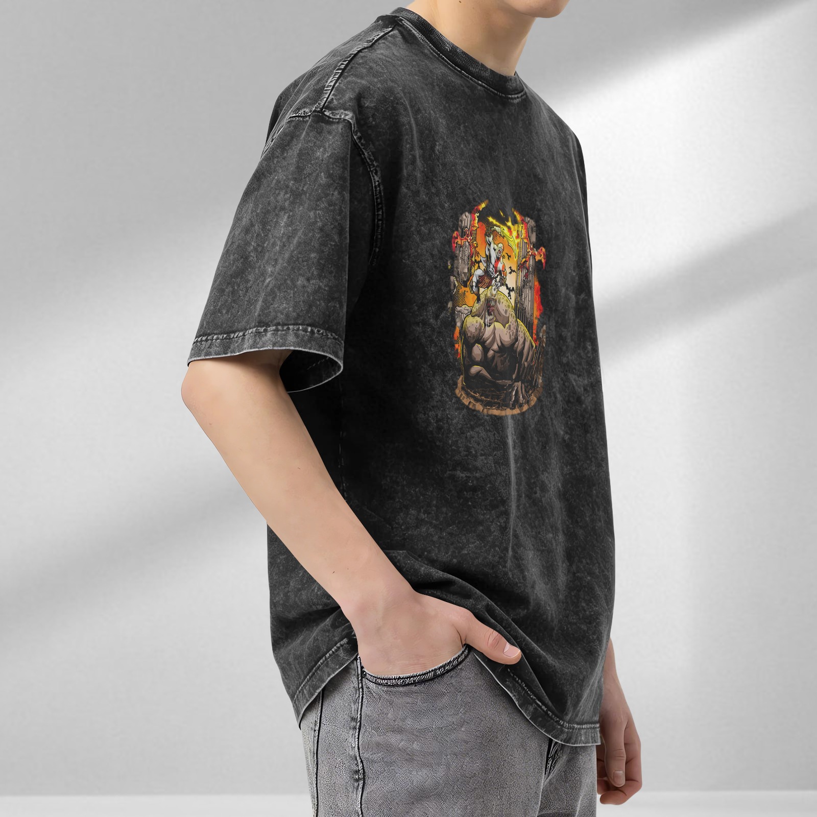 oversized washed black t-shirt with fantasy battle graphic print