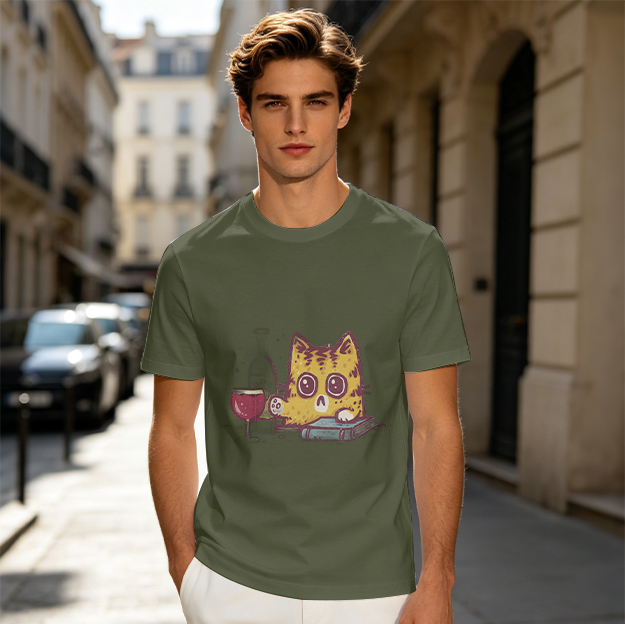 Olive T-Shirt With Cute Cat Wine And Book Graphic Print