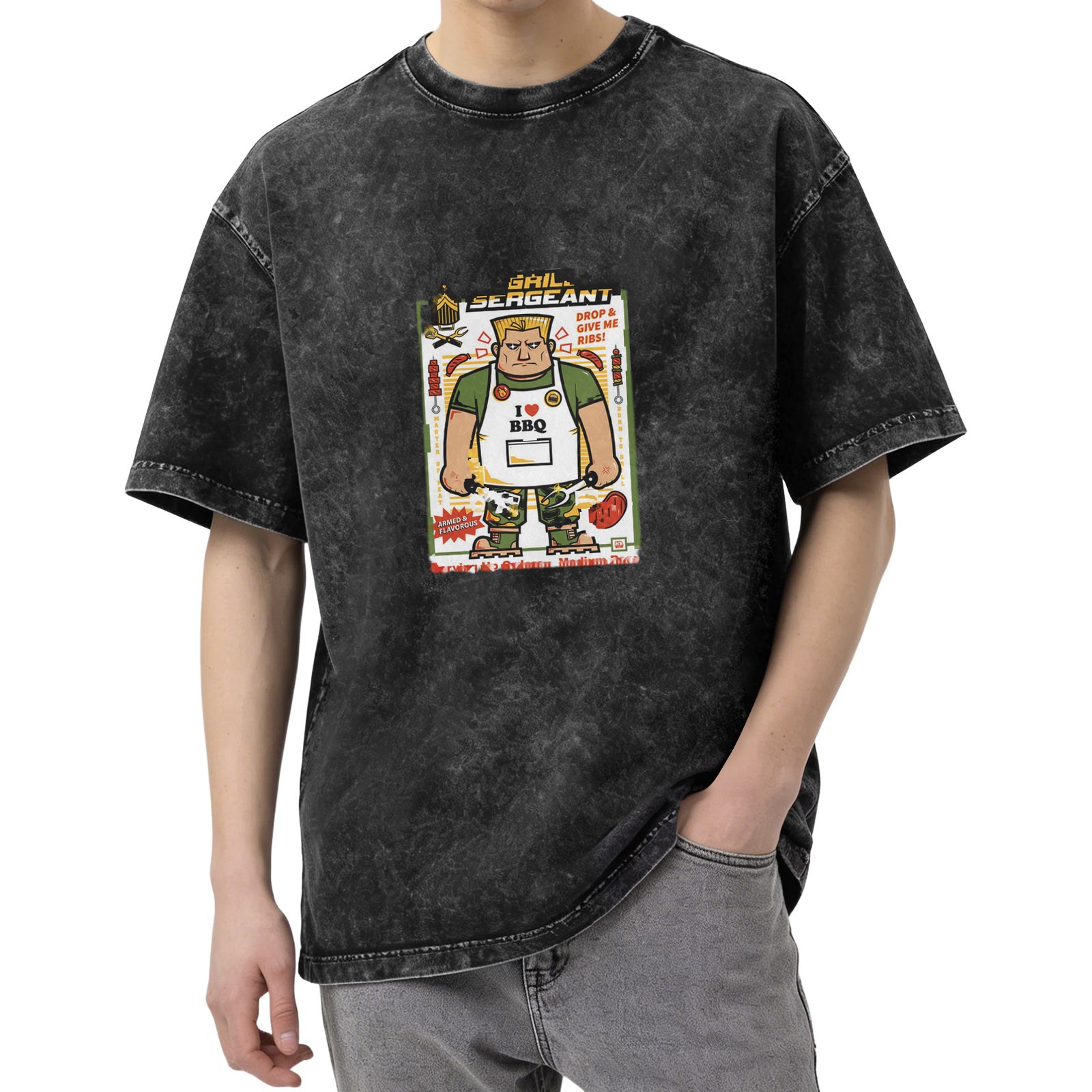 Washed black t-shirt with grill sergeant BBQ cartoon print