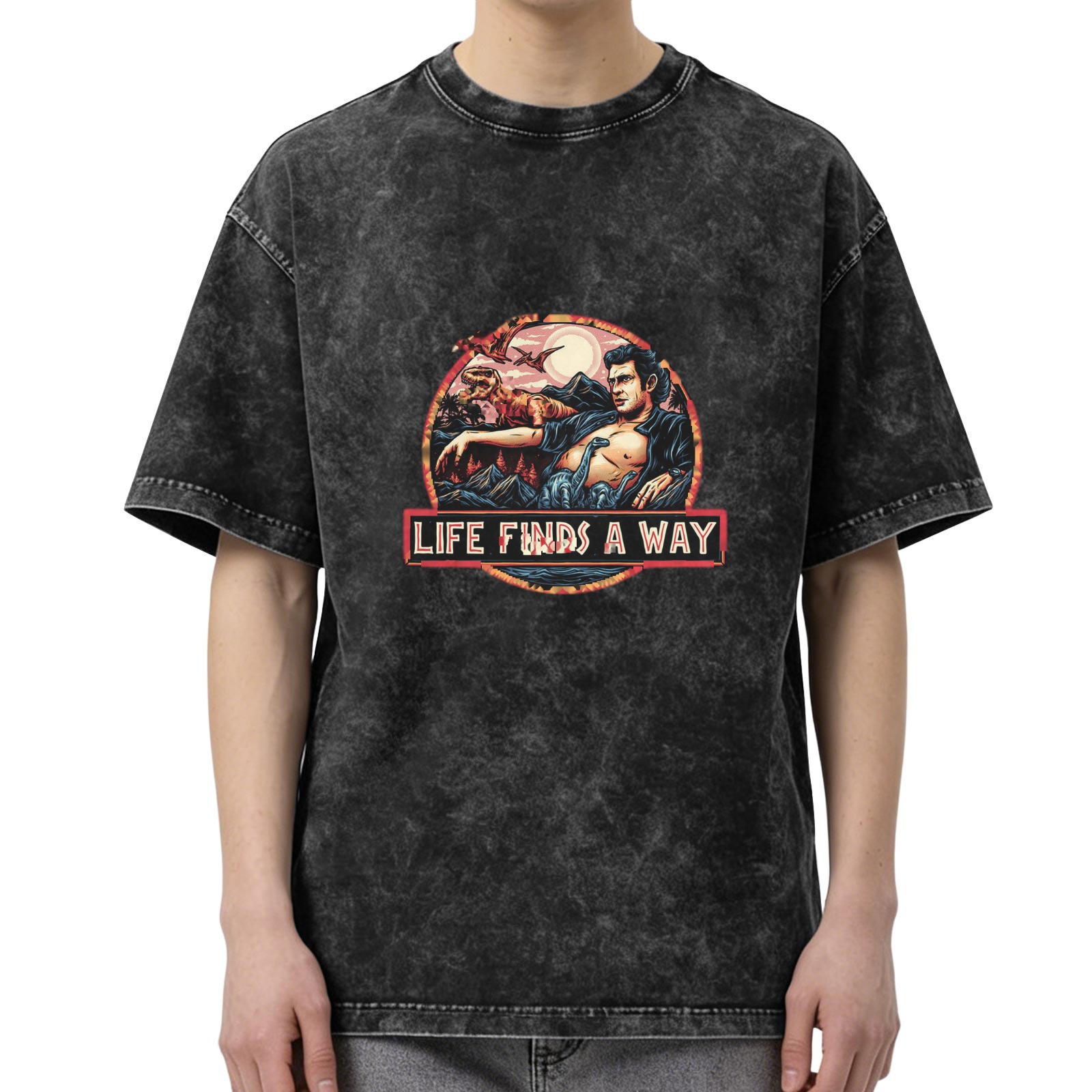 Washed black graphic t-shirt with Life Finds A Way dinosaur design