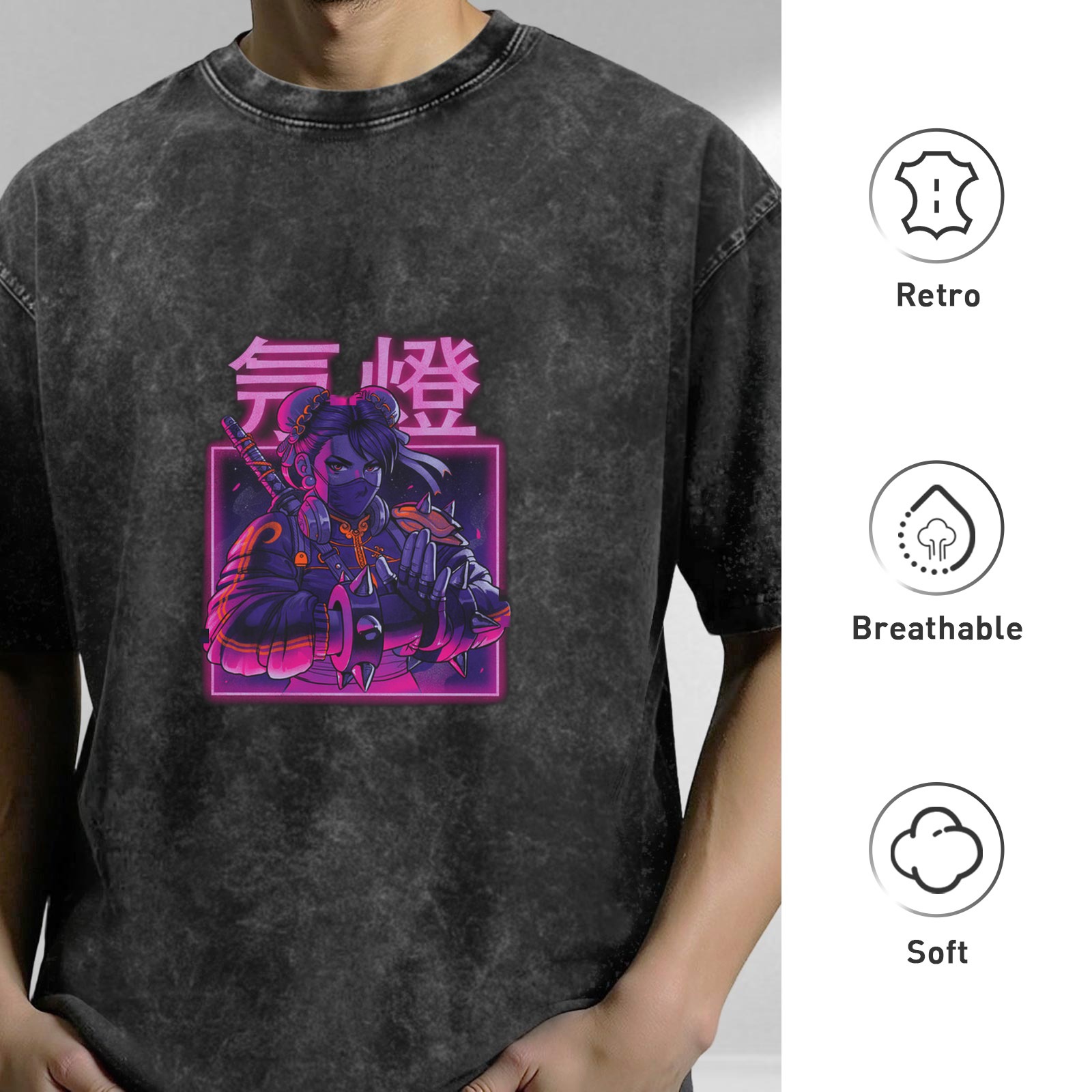 Distressed washed black loose short-sleeved T-shirt Cyberpunk style anime ninja print Japanese text design Street fashion casual top