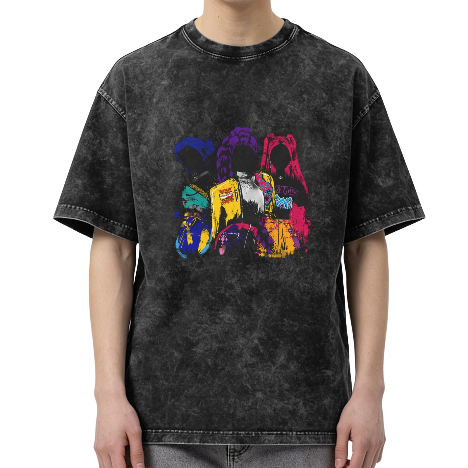 Washed Black Oversized T-Shirt with Colorful Graphic Figures