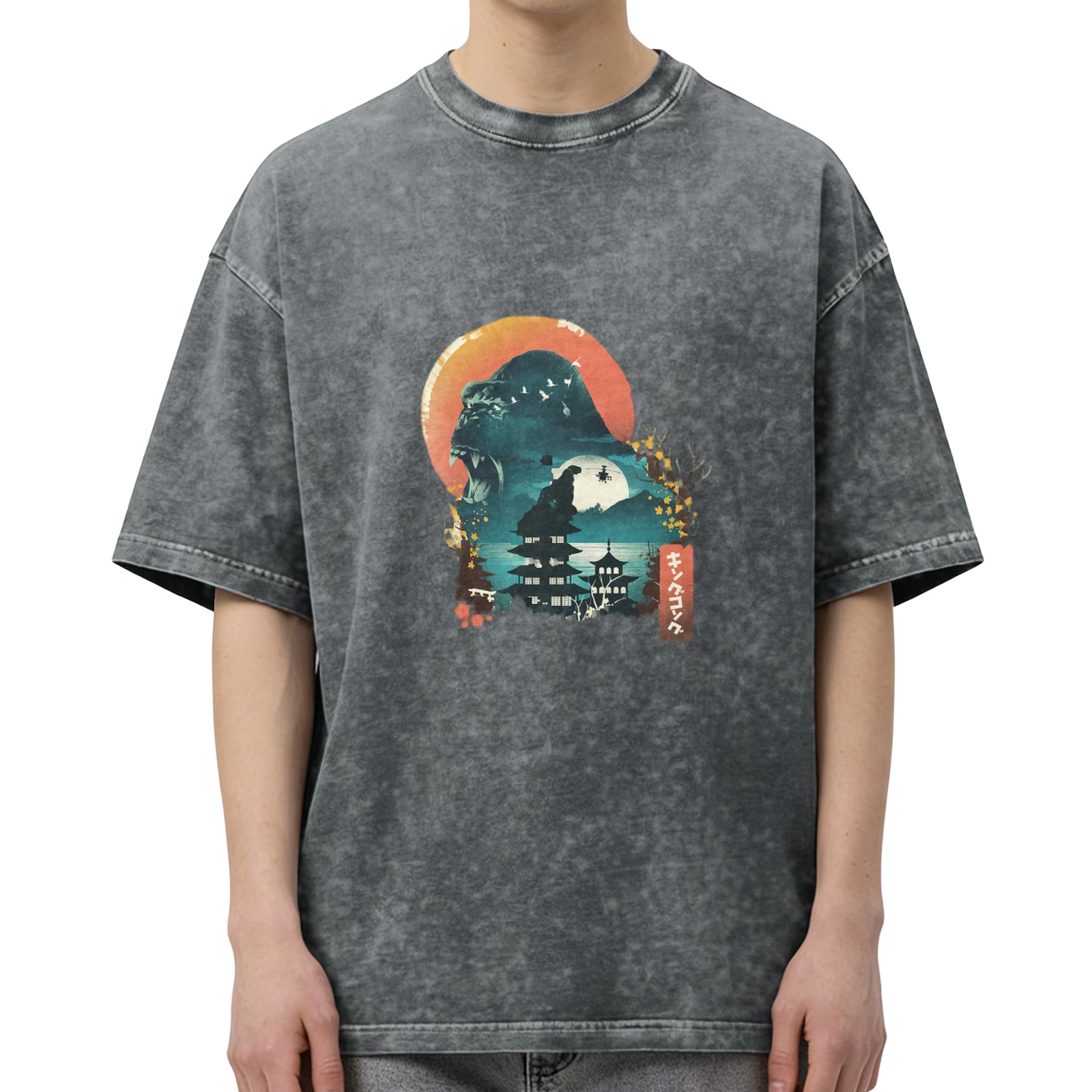 Washed Black Oversized T-Shirt with Japanese Monster Sunset Graphic