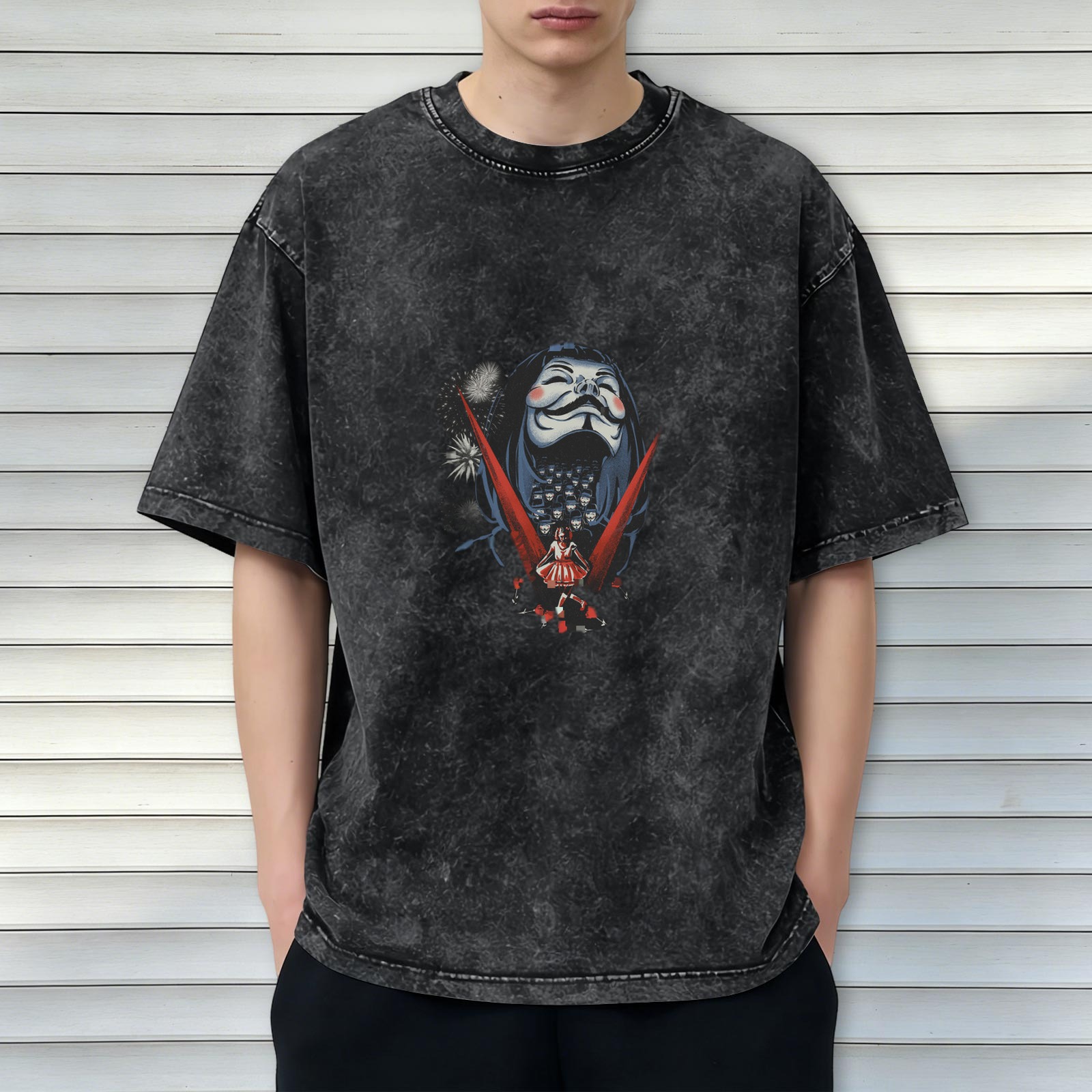 Washed Graphic T-Shirt With Anonymous Mask And Fireworks Print