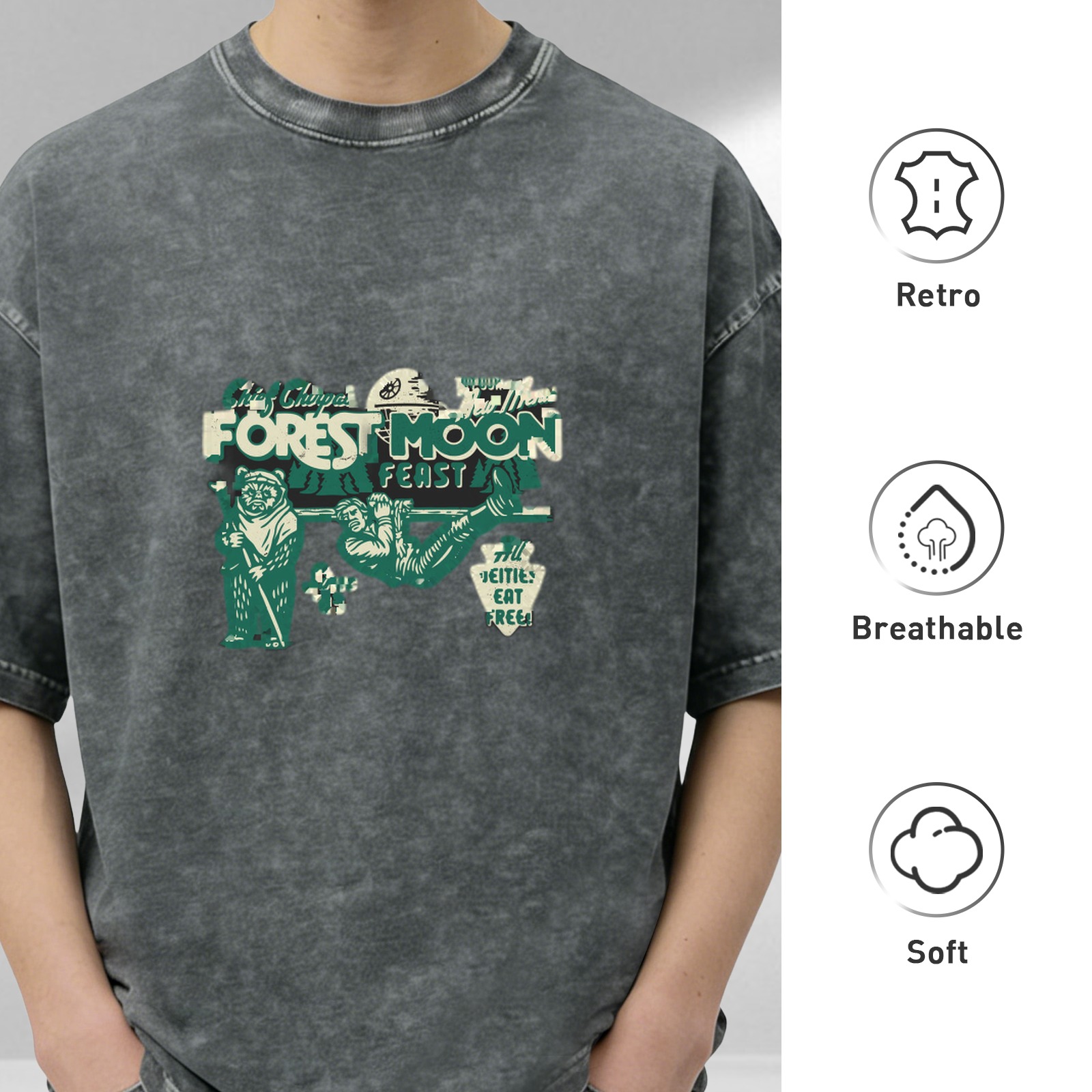 Washed black graphic t-shirt with Forest Moon Feast design