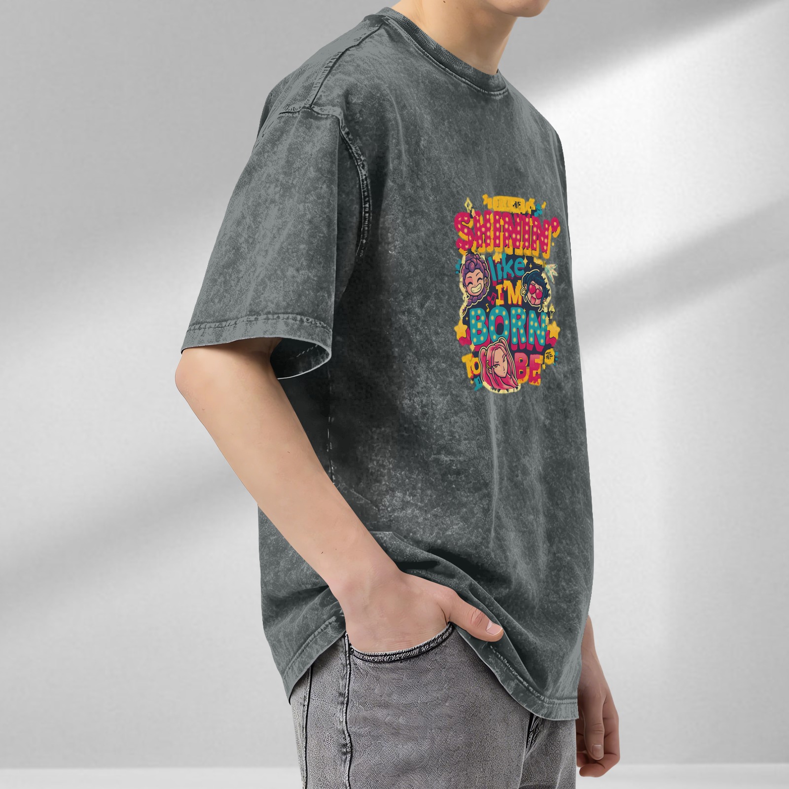 oversized washed black graphic t-shirt with shinin like im born to be print