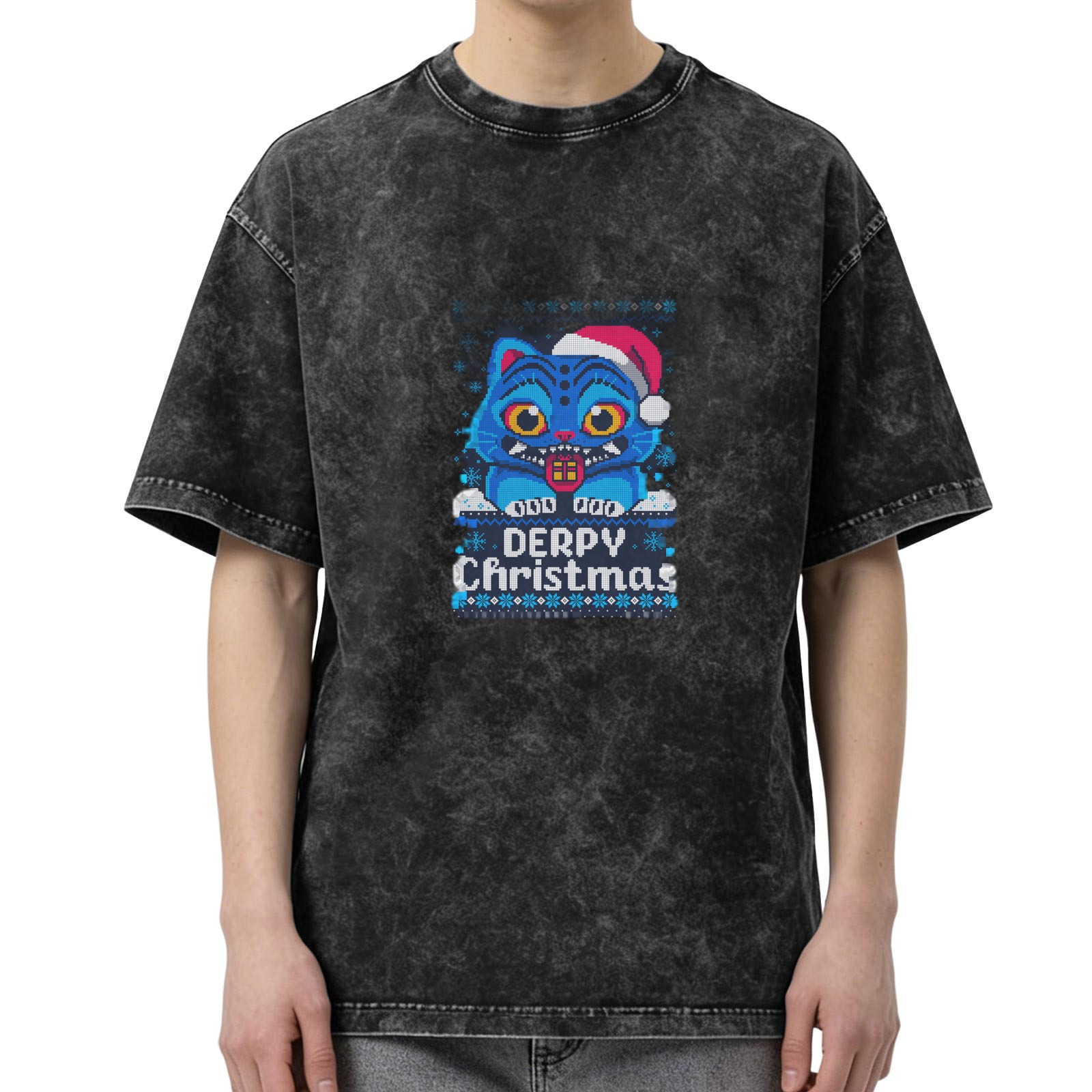 Derpy Christmas Blue Cat Graphic Black Stone Wash T-Shirt
