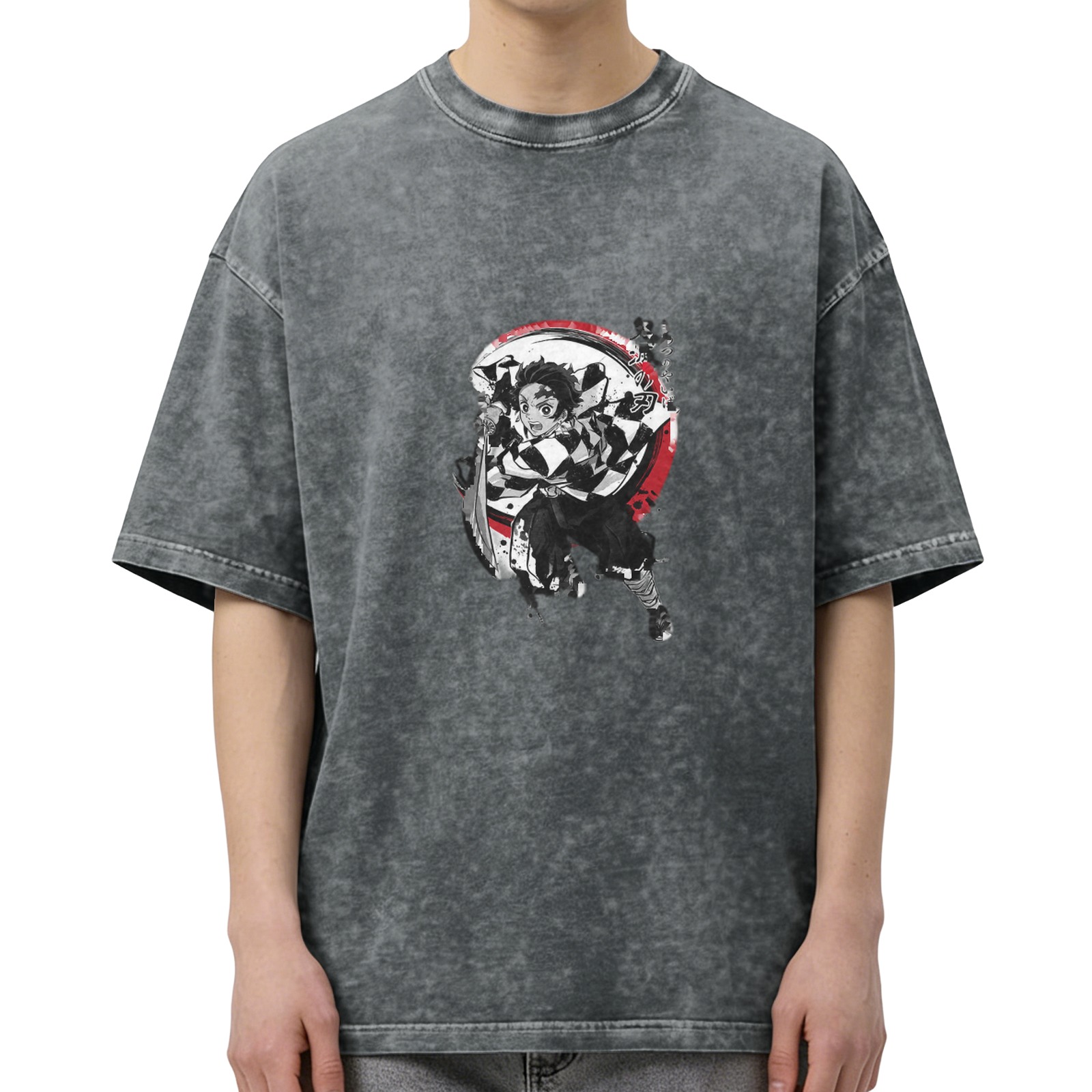 Demon Slayer: Kimetsu no Yaiba Tanjiro themed distressed washed black short-sleeved T-shirt