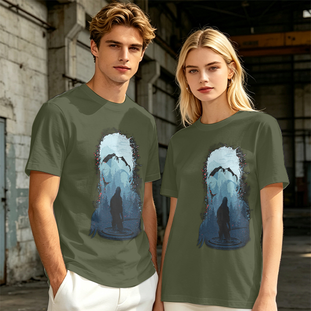 Olive T-Shirt With Dark Fantasy Silhouette And Dragon Print