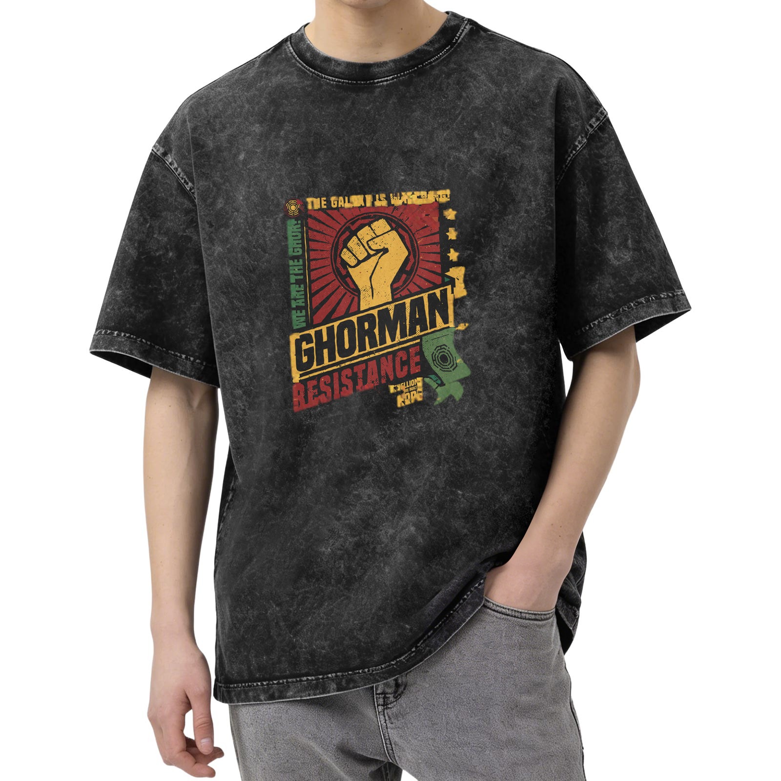 Ghorman Resistance Fist Graphic Acid-Wash Oversized T-Shirt