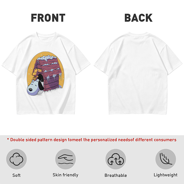 Olive T-shirt with Snoopy and Woodstock at snow-covered doghouse