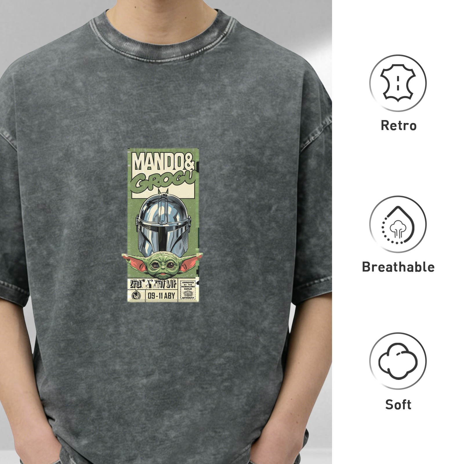 Mandalorian and Grogu Graphic Black Acid Wash T-Shirt