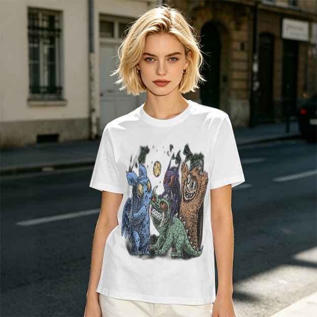 Olive Green T-Shirt With Whimsical Monster Crew Graphic Print