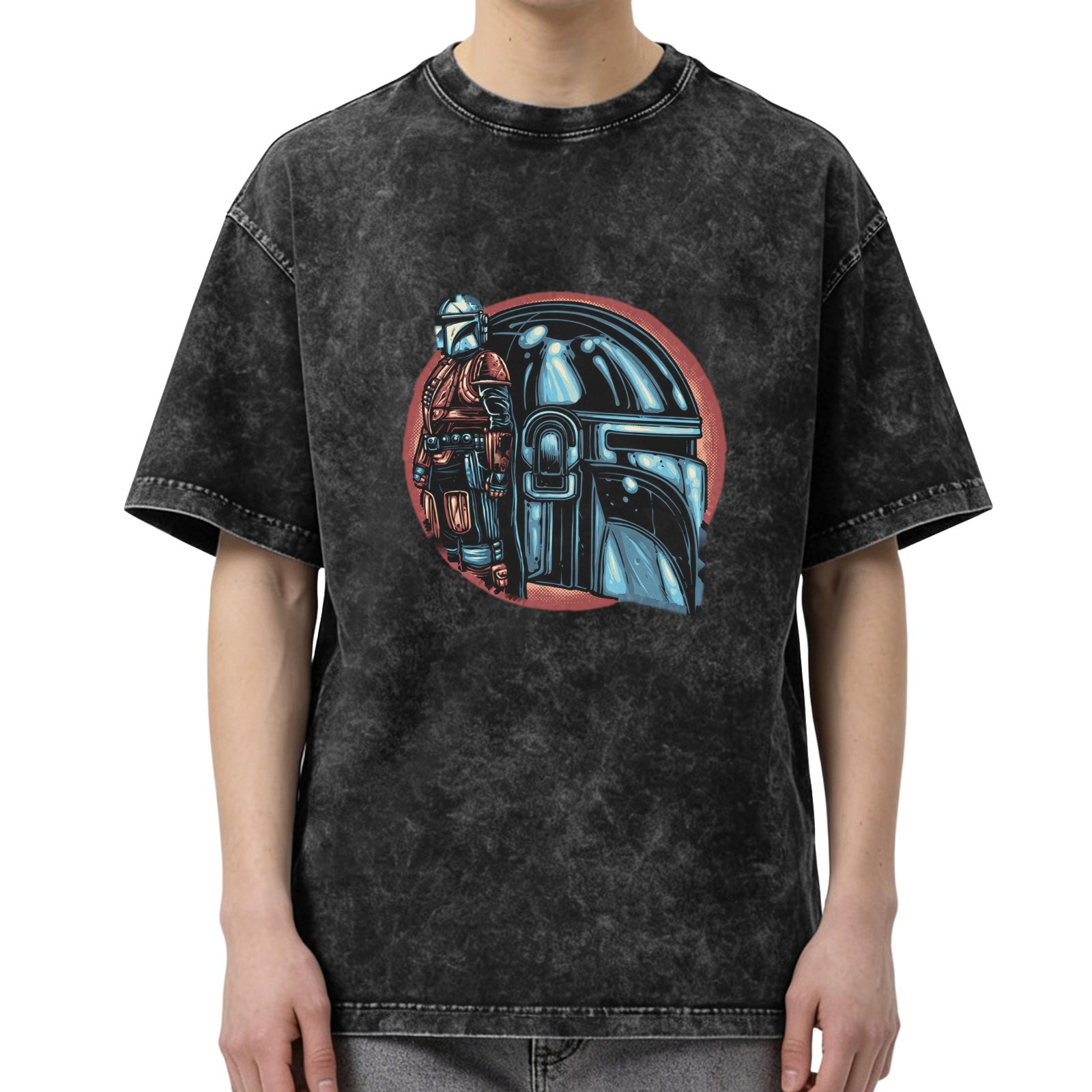 Washed Black T-Shirt With Mandalorian Helmet And Warrior Print