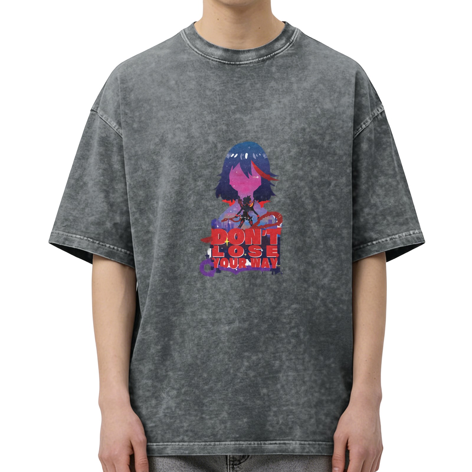 Washed black anime graphic t-shirt with don't lose your way text